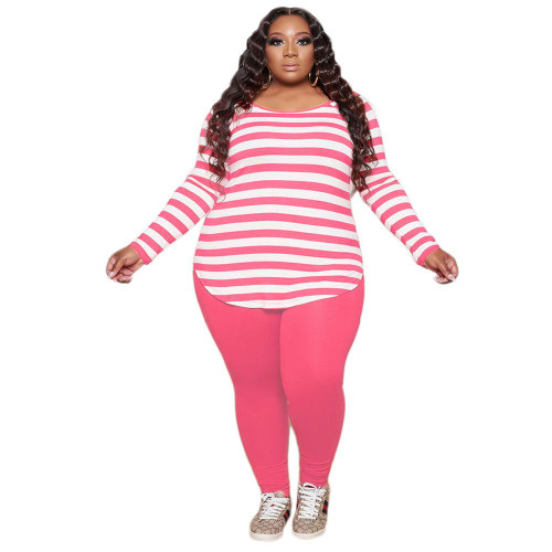 Striped Pink Long Sleeve Tee and Solid Pants Set