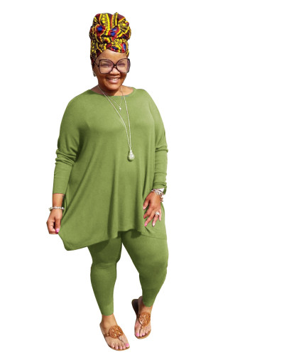 Plus Size Green O Neck Slit Top and Pant Set