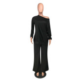 Black Loose Slit Top and Wide Leg Pants Two Piece Set