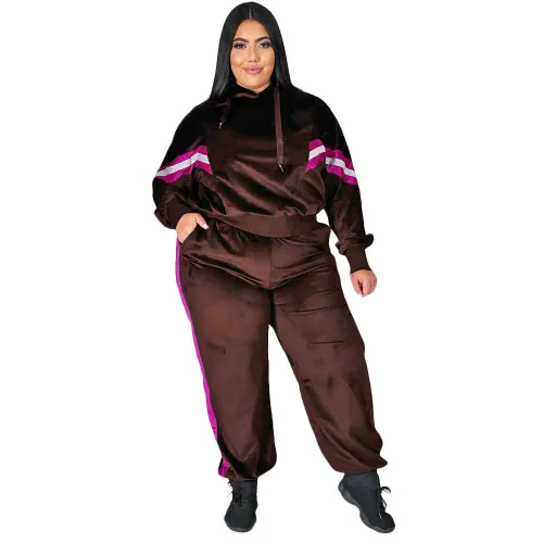 Plus Size Velvet Coffee Splicing Hooded Sweatsuit