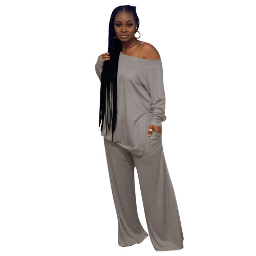 Gray Loose Slit Top and Wide Leg Pants Two Piece Set