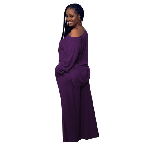 Purple Loose Slit Top and Wide Leg Pants Two Piece Set