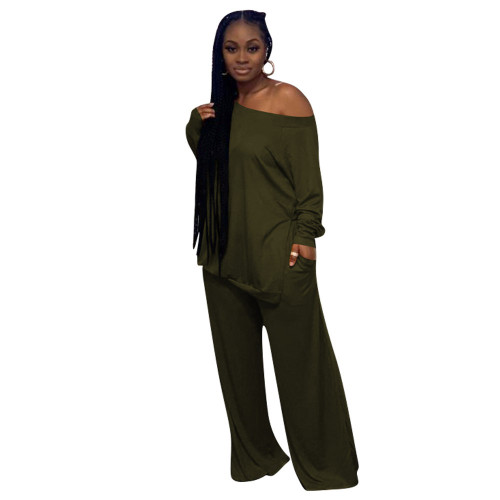Dark Green Loose Slit Top and Wide Leg Pants Two Piece Set