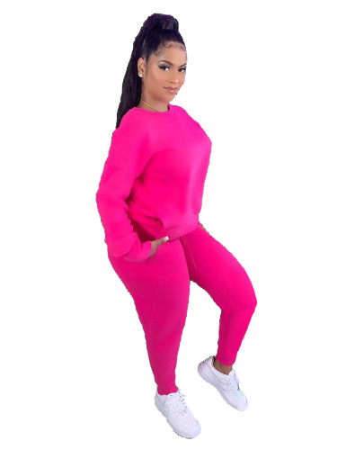 Plain Hot Pink Sweatshirt and Sweatpants Set