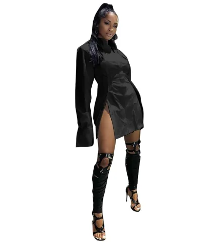 Sexy Side Slit Long Sleeve Button Shirt Dress