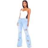 Plus Size Light Blue Embroidered Butterfly Flare Jeans