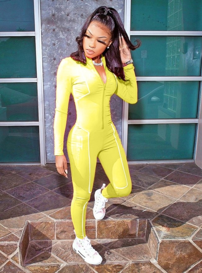Sports Long Sleeve Zipper Fitted Jumpsuit