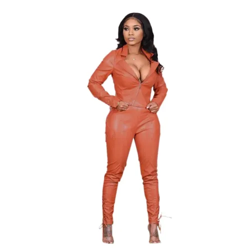 Soft PU Leather Lace Up Zipper Jacket and Pants Set