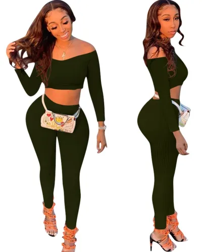 Solid Off Shoulder Ribbed Crop Top and Pants Set