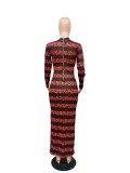 Long Sleeve Stripes Print Bodycon Maxi Dress