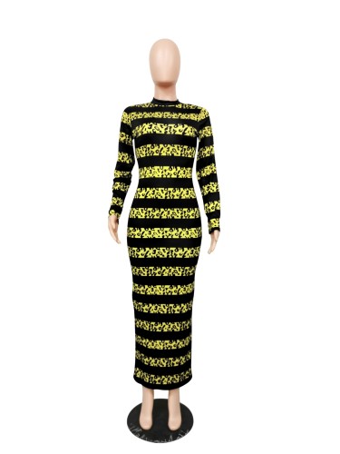 Long Sleeve Stripes Print Bodycon Maxi Dress