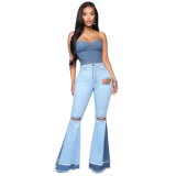 Wholesale High Waist Ripped Contrast Flare Jeans