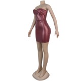 Sexy Strapless Solid PU Leather Club Dress