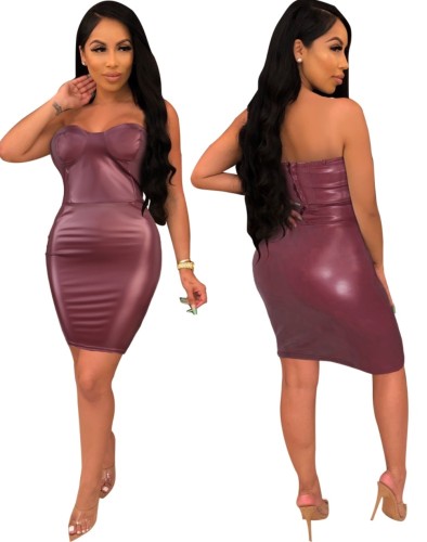 Sexy Strapless Solid PU Leather Club Dress
