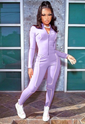 Sports Long Sleeve Zipper Fitted Jumpsuit