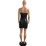 Black PU Leather Spaghetti Straps Ruched Mini Dress