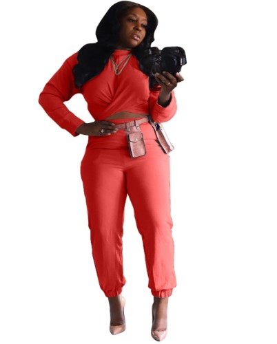 Pure Color Casual Wrapped Crop Top and High Waist Pants Set