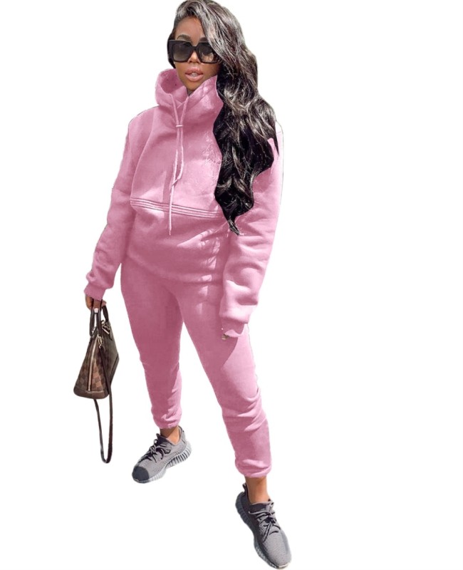 Solid Color Loose Drawstring Hooded Sweatsuit