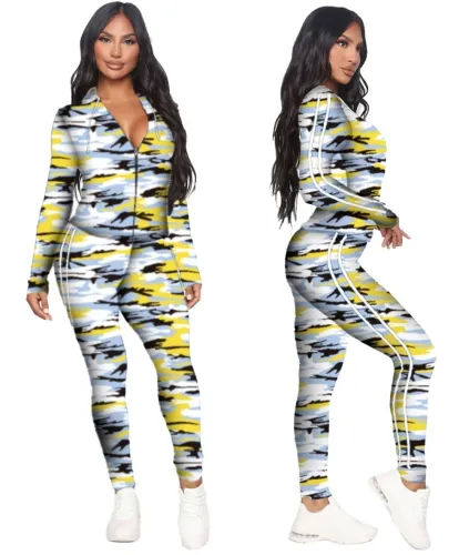 Camo Print Zipper Hooded Tracksuit
