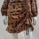 Leopard V-Neck Drawstrings Cutout Mini Dress