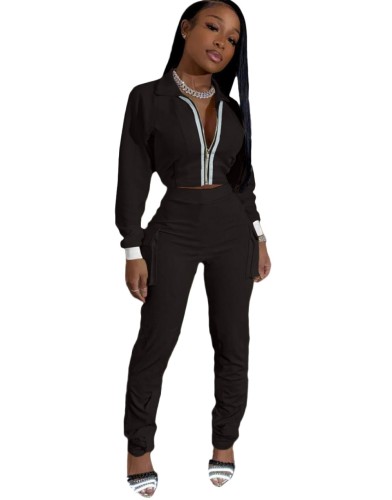 Zipper Crop Top and High Waist Pocketed Pants Set