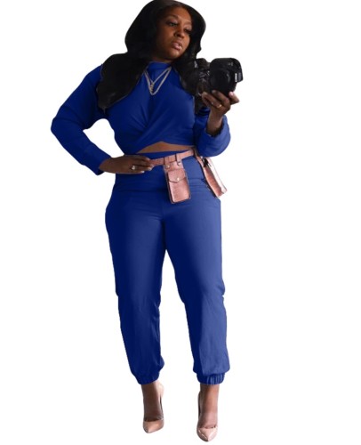 Pure Color Casual Wrapped Crop Top and High Waist Pants Set
