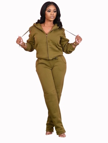 Army Green Zipper Hooded Tracksuit