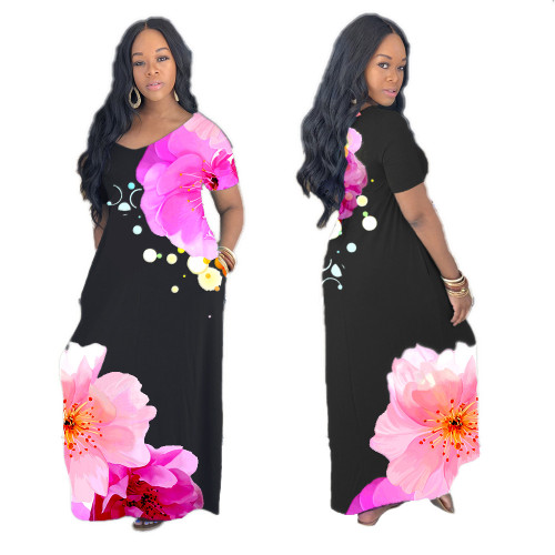 Plus Size Short Sleeve Floral Print Casual Maxi Dress