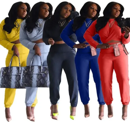Pure Color Casual Wrapped Crop Top and High Waist Pants Set