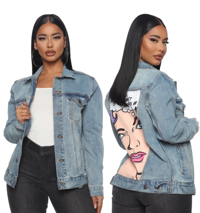 Cartoon Print Back Button Up Denim Jacket