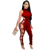 Burgundy Sleeveless Cutout O-Ring Club Jumpsuit