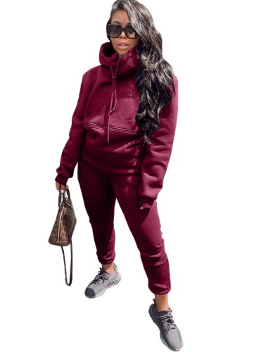 Solid Color Loose Drawstring Hooded Sweatsuit