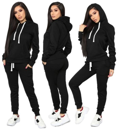 Plain Drawstring Hooded Sweatsuit with Pocket