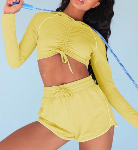 Fitness Drawstrings Hooded Crop Top and Shorts Set