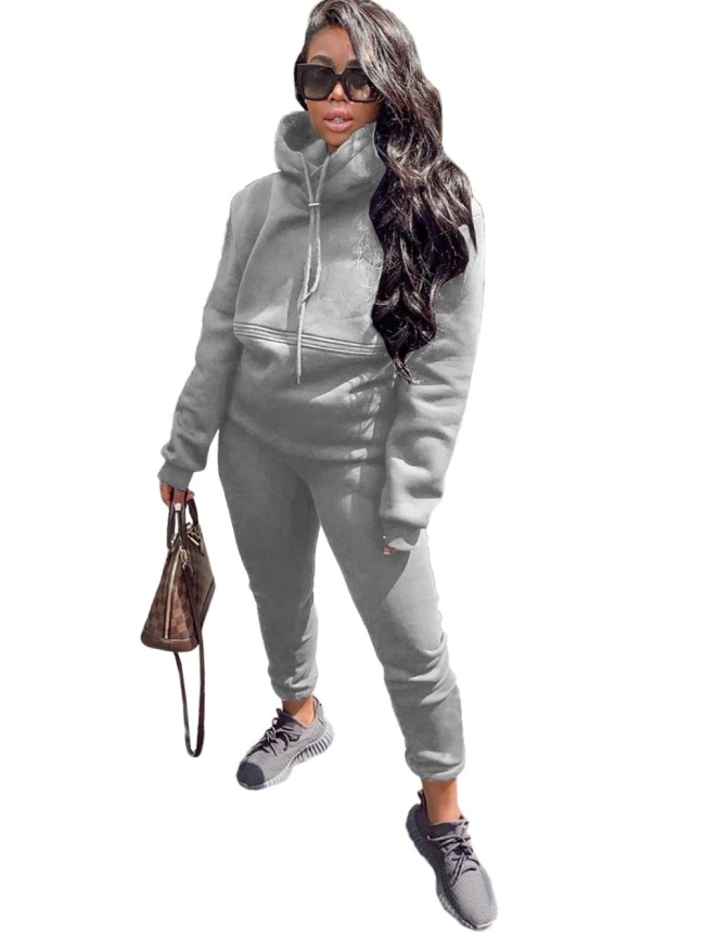 Solid Color Loose Drawstring Hooded Sweatsuit