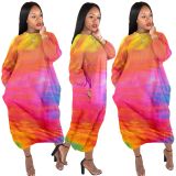 Plus Size Long Sleeve Tie Dye Loose Maxi Dress(Without Pocket)