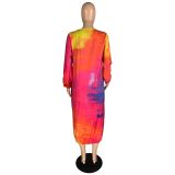 Plus Size Long Sleeve Tie Dye Loose Maxi Dress(Without Pocket)