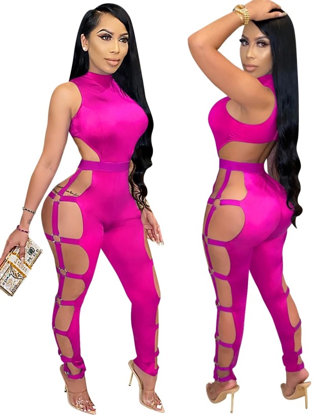 Hot Pink Sleeveless Cutout O-Ring Club Jumpsuit