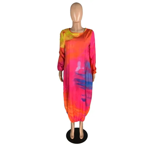Plus Size Long Sleeve Tie Dye Loose Maxi Dress(Without Pocket)