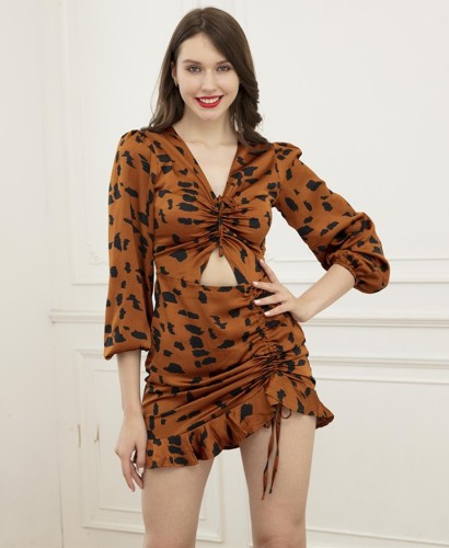 Leopard V-Neck Drawstrings Cutout Mini Dress