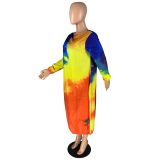 Plus Size Long Sleeve Tie Dye Loose Maxi Dress(Without Pocket)