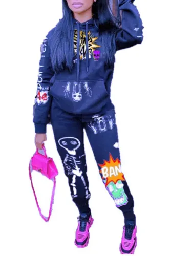 Plus Size Skull Print Navy Sweatsuits