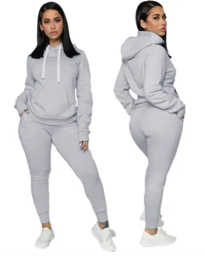 Plain Drawstring Hooded Sweatsuit with Pocket