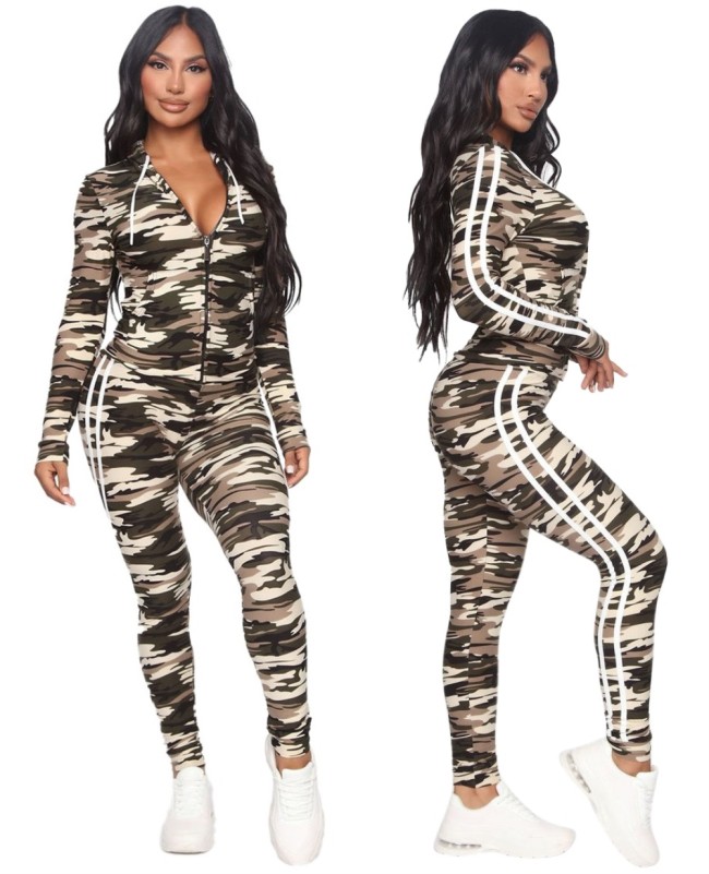 Camo Print Zipper Hooded Tracksuit