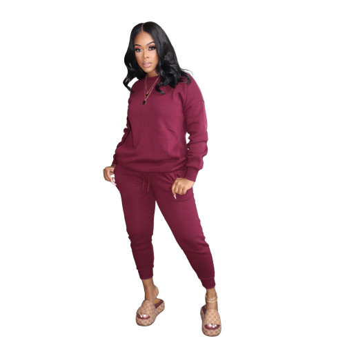Solid Burgundy Warm Winter Two Piece Pants Set