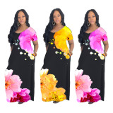 Plus Size Short Sleeve Floral Print Casual Maxi Dress
