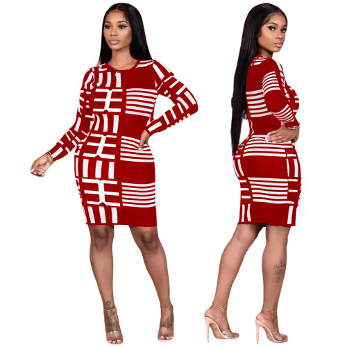 Geometric Print Red Long Sleeve Bodycon Dress