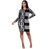 Black & White Print Long Sleeve Bodycon Dress