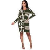 Geometric Print Green Long Sleeve Bodycon Dress