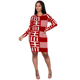 Geometric Print Red Long Sleeve Bodycon Dress